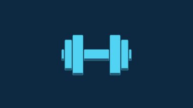 Blue Dumbbell icon isolated on blue background. Muscle lifting icon, fitness barbell, gym, sports equipment, exercise bumbbell. 4K Video motion graphic animation.