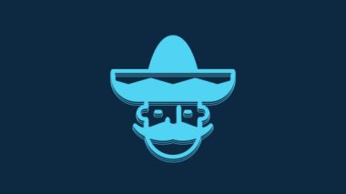 Mavi Meksikalı adam mavi arka planda izole edilmiş sombrero ikonu giyiyor. Bıyıklı İspanyol adam. 4K Video hareketli grafik canlandırması.