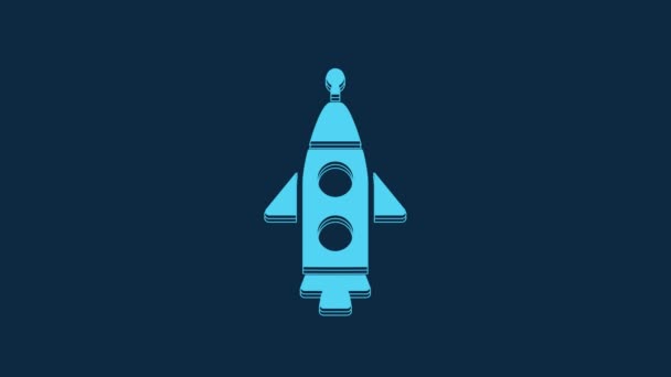 蓝色火箭船图标孤立在蓝色背景 太空旅行 4K视频运动图形动画 — 图库视频影像