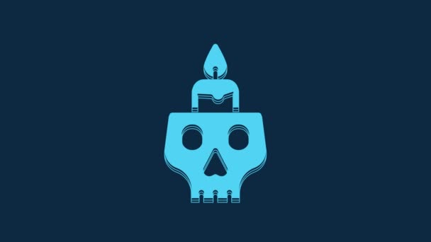 Blaue Brennende Kerze Auf Einem Totenkopf Symbol Auf Blauem Hintergrund — Stockvideo