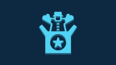 Mavi Jack, mavi arka planda izole edilmiş oyuncak ikonunda. Soytarı kutudan çıktı. 4K Video hareketli grafik canlandırması.