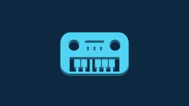 Mavi Oyuncak piyano ikonu mavi arkaplanda izole edildi. Çocuk oyuncağı. 4K Video hareketli grafik canlandırması.