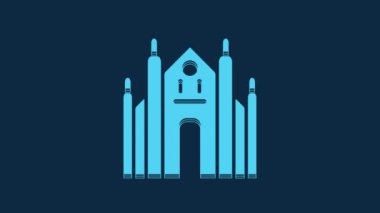 Mavi arka planda Blue Milan Katedrali veya Duomo di Milano ikonu izole edildi. İtalya, Milan 'ın ünlü simgesi. 4K Video hareketli grafik canlandırması.