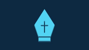 Mavi Pope şapka simgesi mavi arkaplanda izole edildi. Hristiyan şapkası işareti. 4K Video hareketli grafik canlandırması.