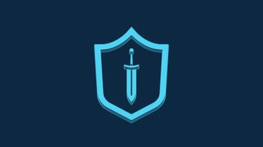 Blue Medieval shield with sword icon isolated on blue background. 4K Video motion graphic animation.