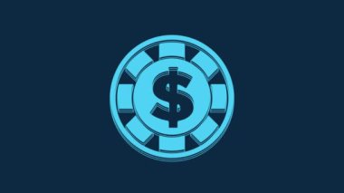 Blue Casino chip with dollar symbol icon isolated on blue background. Casino gambling. 4K Video motion graphic animation.