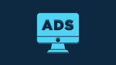 Blue Advertising icon isolated on blue background. Concept of marketing and promotion process. Responsive ads. Social media advertising. 4K Video motion graphic animation.
