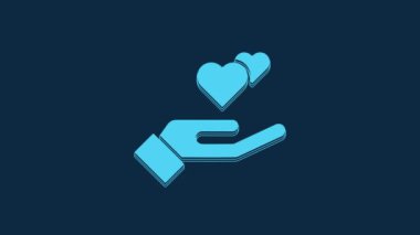 Blue Heart in hand icon isolated on blue background. Hand giving love symbol. Valentines day symbol. 4K Video motion graphic animation.
