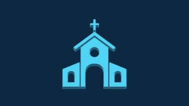Blue Church building icon isolated on blue background. Christian Church. Religion of church. 4K Video motion graphic animation.