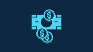 Blue Stacks paper money cash and coin money with dollar symbol icon isolated on blue background. Money banknotes stacks. 4K Video motion graphic animation.