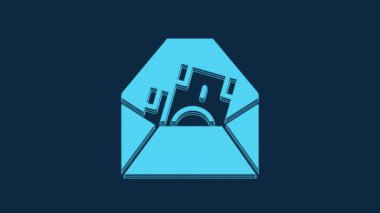 Blue Envelope with coin dollar symbol icon isolated on blue background. Salary increase, money payroll, compensation income. 4K Video motion graphic animation.
