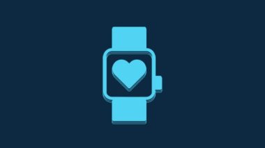 Blue Smart watch showing heart beat rate icon isolated on blue background. Fitness App concept. 4K Video motion graphic animation.