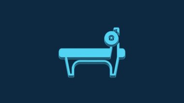 Blue Bench with barbel icon isolated on blue background. Gym equipment. Bodybuilding, powerlifting, fitness concept. 4K Video motion graphic animation.