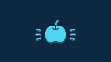 Blue Apple icon isolated on blue background. Fruit with leaf symbol. 4K Video motion graphic animation.