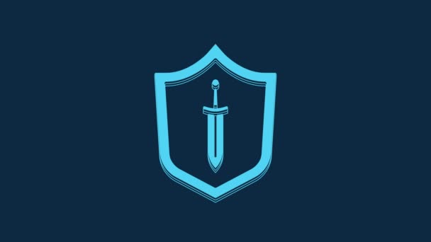 Blue Medieval Shield Sword Icon Isolated Blue Background Video Motion — Stockvideo