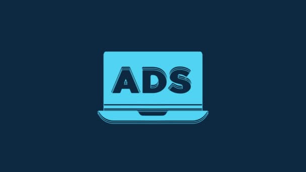蓝色广告图标被蓝色背景隔离 营销和促销过程的概念 反应灵敏的广告社交媒体广告 4K视频运动图形动画 — 图库视频影像