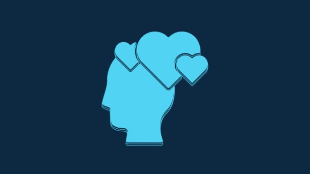 青い背景にハートアイコンが孤立したブルーヒューマンヘッド 人間の頭を持つ愛の概念 4Kビデオモーショングラフィックアニメーション — ストック動画