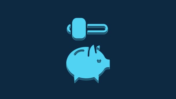 Blue Piggy Nábřeží Kladivo Ikona Izolované Modrém Pozadí Úspora Ikon — Stock video