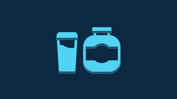 ブルースポーツ栄養ボディビルディングタンパク質パワードリンクとブルーの背景に隔離された食品アイコン 4Kビデオモーショングラフィックアニメーション — ストック動画