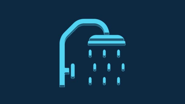 蓝色淋浴器头与水滴流动图标隔离在蓝色背景 4K视频运动图形动画 — 图库视频影像