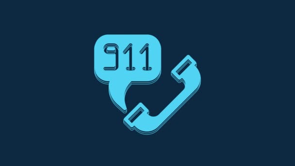 ブルーの背景に隔離された緊急通話911アイコンとブルーの電話 警察救急車消防署電話 4Kビデオモーショングラフィックアニメーション — ストック動画