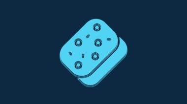 Mavi arkaplanda baloncuk simgesi olan mavi sünger. Bulaşık yıkamak için bir tutam Bast. Temizlik servisi logosu. 4K Video hareketli grafik canlandırması.