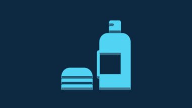 Blue Bottle of shampoo icon isolated on blue background. 4K Video motion graphic animation.