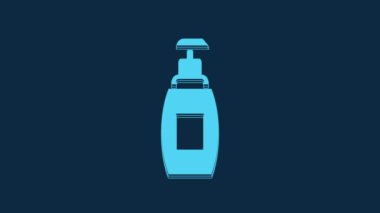 Blue Bottle of liquid antibacterial soap with dispenser icon isolated on blue background. Antiseptic. Disinfection, hygiene, skin care. 4K Video motion graphic animation.