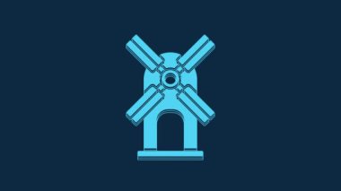 Blue Wind turbine icon isolated on blue background. Wind generator sign. Windmill for electric power production. 4K Video motion graphic animation.