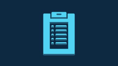 Blue Medical clipboard with clinical record icon isolated on blue background. Health insurance form. Prescription, medical check marks report. 4K Video motion graphic animation.