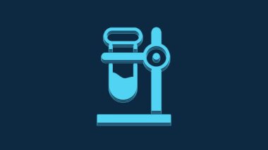 Blue Glass test tube flask on stand icon isolated on blue background. Laboratory equipment. 4K Video motion graphic animation.