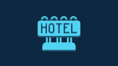 Mavi pano açık hava reklamı ve mavi arka planda izole edilmiş bir metin otel simgesi. 4K Video hareketli grafik canlandırması.