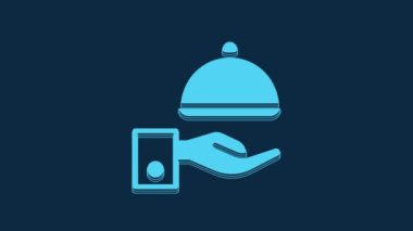 Blue Covered with a tray of food icon isolated on blue background. Tray and lid sign. Restaurant cloche with lid. 4K Video motion graphic animation.