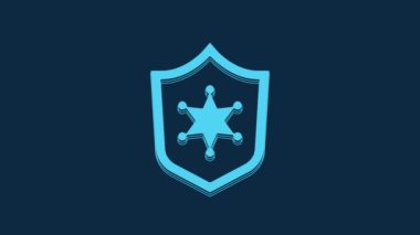 Blue Police badge icon isolated on blue background. Sheriff badge sign. 4K Video motion graphic animation.