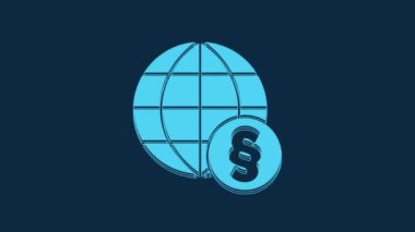 Blue International hukuk simgesi mavi arkaplanda izole edildi. Küresel hukuk logosu. Hukuki yargı dünyası. 4K Video hareketli grafik canlandırması.