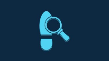 Blue Magnifying glass with footsteps icon isolated on blue background. Detective is investigating. To follow in the footsteps. 4K Video motion graphic animation.