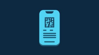 Blue Online bilet rezervasyonu ve uygulama arayüzü simgesi satın alma mavi arka planda izole edildi. E-bilet siparişi. Elektronik tren bileti ekranda. 4K Video hareketli grafik canlandırması.