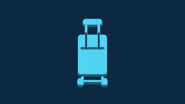 Blue Suitcase for travel icon isolated on blue background. Traveling baggage sign. Travel luggage icon. 4K Video motion graphic animation.