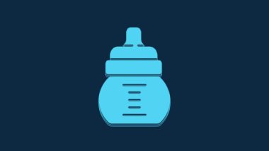 Blue Baby bottle icon isolated on blue background. Feeding bottle icon. Milk bottle sign. 4K Video motion graphic animation.