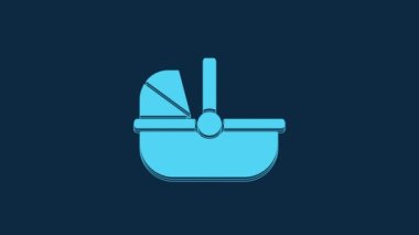 Blue Baby stroller icon isolated on blue background. Baby carriage, buggy, pram, stroller, wheel. 4K Video motion graphic animation.