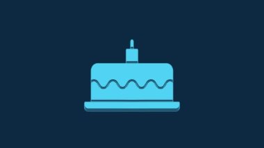 Blue Cake with burning candles icon isolated on blue background. Happy Birthday. 4K Video motion graphic animation.