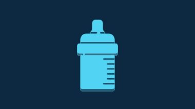 Blue Baby bottle icon isolated on blue background. Feeding bottle icon. Milk bottle sign. 4K Video motion graphic animation.