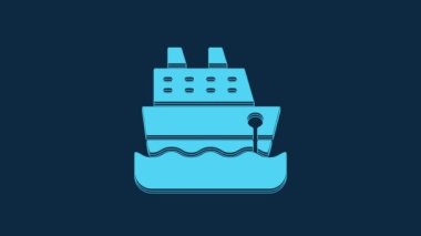 Mavi Yolcu gemisi simgesi mavi arkaplanda izole edildi. Seyahat turizmi deniz taşımacılığı. Yolcu gemisi, yolcu gemisi. Dünya çapında bir gezi. 4K Video hareketli grafik canlandırması.