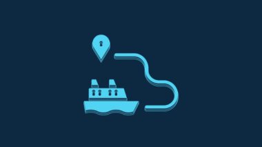Mavi gemi hattı rotası, başlangıç noktası GPS ve siyah çizgi ikonu mavi arka planda izole edilmiş. 4K Video hareketli grafik canlandırması.
