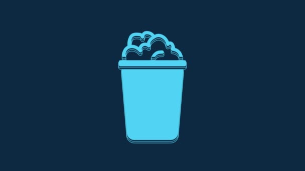 青の背景に石鹸アイコンが隔離された青いバケツ 水でボウル 洗濯機掃除機 4Kビデオモーショングラフィックアニメーション — ストック動画