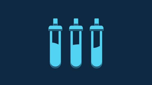 青色の背景に隔離された物理学と化学のアイコンのためのブルー試薬瓶 4Kビデオモーショングラフィックアニメーション — ストック動画