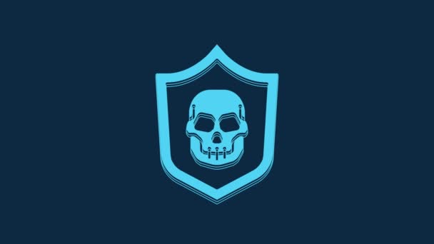 青の背景に隔離された海賊の頭蓋骨のアイコンとブルーシールド 4Kビデオモーショングラフィックアニメーション — ストック動画