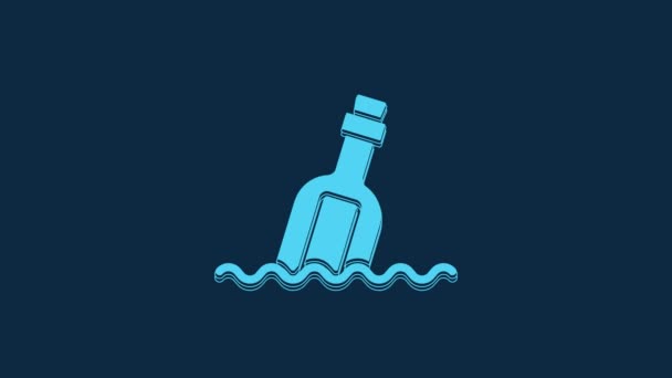 Blue Glass Bottle Message Water Icon Isolated Blue Background Letter — Vídeos de Stock