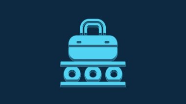 Mavi havalimanı taşıma bandı ve mavi arka planda izole edilmiş bavul, çanta, bagaj ikonu. 4K Video hareketli grafik canlandırması.