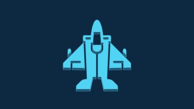 Blue Jet fighter icon isolated on blue background. Military aircraft. 4K Video motion graphic animation.